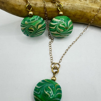 Green Venetian Glass Necklace and Earrings: Vintage Design Gold Filled