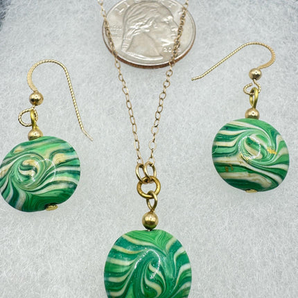 Green Venetian Glass Necklace and Earrings: Vintage Design Gold Filled