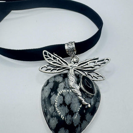 Vintage Velvet Choker Silver, White Bronze, Grey Snowflake Obsidian Necklace