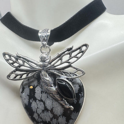 Vintage Velvet Choker Silver, White Bronze, Grey Snowflake Obsidian Necklace
