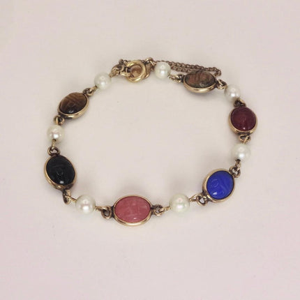 Vintage Gold Gemstone Scarab Pearl Bracelet Gold Filled
