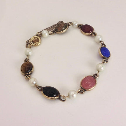Vintage Gold Gemstone Scarab Pearl Bracelet Gold Filled
