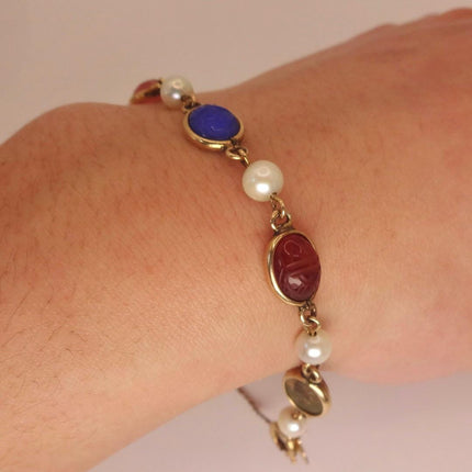 Vintage Gold Gemstone Scarab Pearl Bracelet Gold Filled