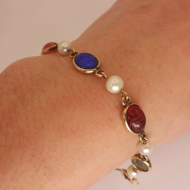 Vintage Gold Gemstone Scarab Pearl Bracelet Gold Filled
