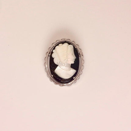Vintage Abalone Cameo Necklace Pin Brooch 925 Sterling Silver