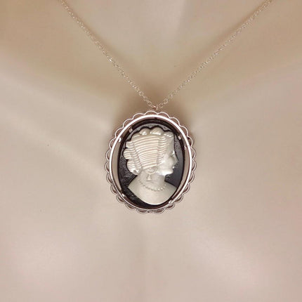 Vintage Abalone Cameo Necklace Pin Brooch 925 Sterling Silver