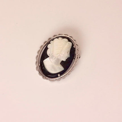 Vintage Abalone Cameo Necklace Pin Brooch 925 Sterling Silver