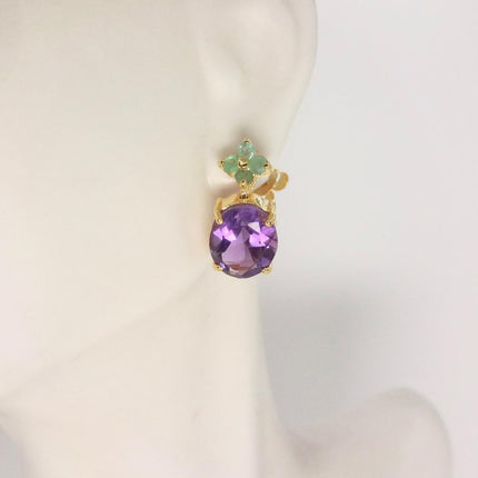 Vintage Purple Amethyst Emerald 925 Sterling Silver Stud Earrings