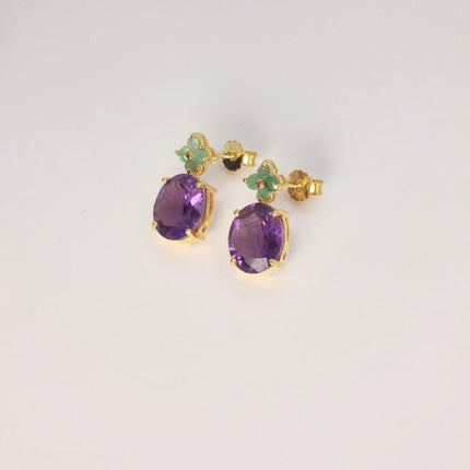 Vintage Purple Amethyst Emerald 925 Sterling Silver Stud Earrings