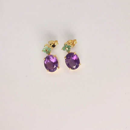 Vintage Purple Amethyst Emerald 925 Sterling Silver Stud Earrings