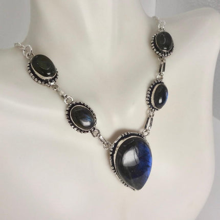 Vintage Labradorite Choker Necklace: Sterling Silver Gemstone Pendant