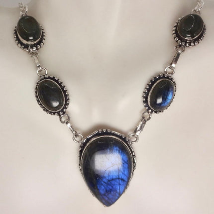 Vintage Labradorite Choker Necklace: Sterling Silver Gemstone Pendant