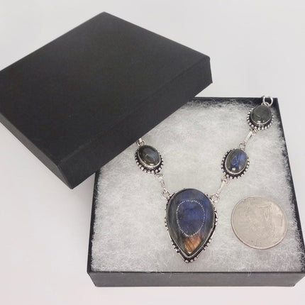 Vintage Labradorite Choker Necklace: Sterling Silver Gemstone Pendant