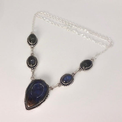 Vintage Labradorite Choker Necklace: Sterling Silver Gemstone Pendant