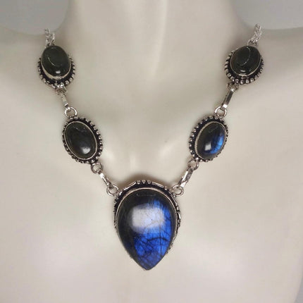 Vintage Labradorite Choker Necklace: Sterling Silver Gemstone Pendant
