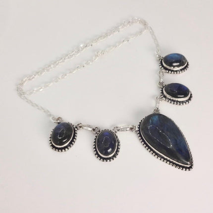 Vintage Labradorite Choker Necklace: Sterling Silver Gemstone Pendant