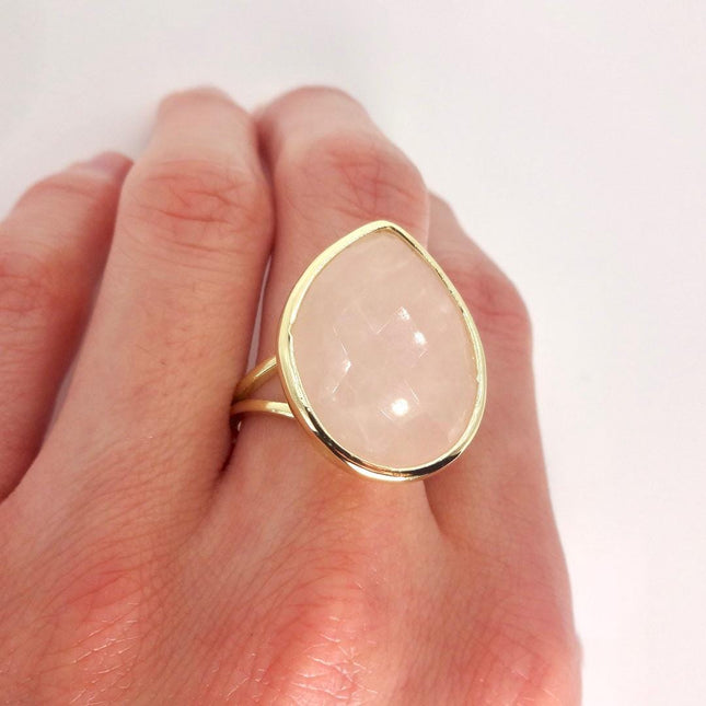 Vintage Gold Bronze Rose Quartz Ring: Boho Statement Jewelry Adjustable