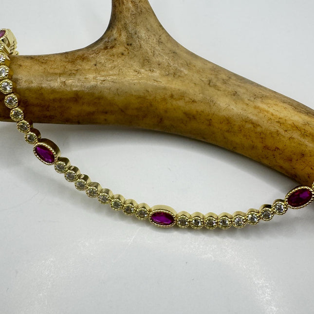 Vintage Silver Tennis Bracelet | Ruby Crystal Diamond Cubic Zirconia | Golden 925 Sterling Silver