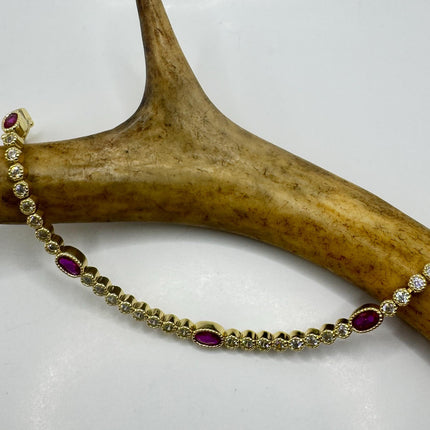 Vintage Silver Tennis Bracelet | Ruby Crystal Diamond Cubic Zirconia | Golden 925 Sterling Silver