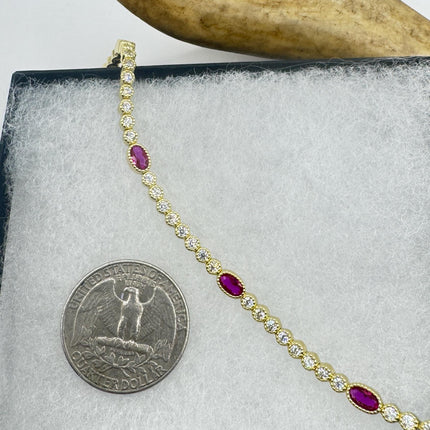 Vintage Silver Tennis Bracelet | Ruby Crystal Diamond Cubic Zirconia | Golden 925 Sterling Silver