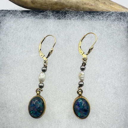 Vintage Blue Fire Opal Dangle Earrings Gold Filled