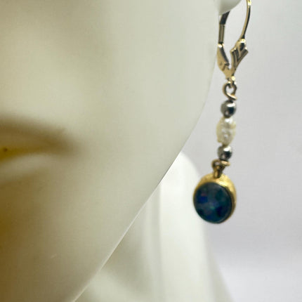 Vintage Blue Fire Opal Dangle Earrings Gold Filled