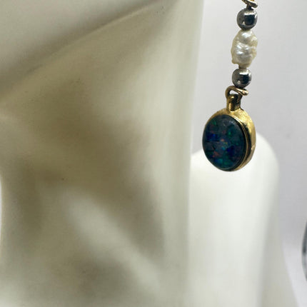 Vintage Blue Fire Opal Dangle Earrings Gold Filled
