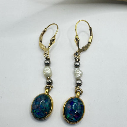Vintage Blue Fire Opal Dangle Earrings Gold Filled