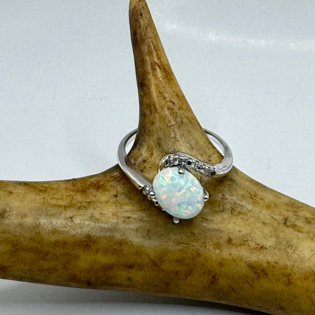 Vintage Fire Opal, Diamond Ring 925 Sterling Silver