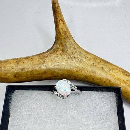 Vintage Fire Opal, Diamond Ring 925 Sterling Silver