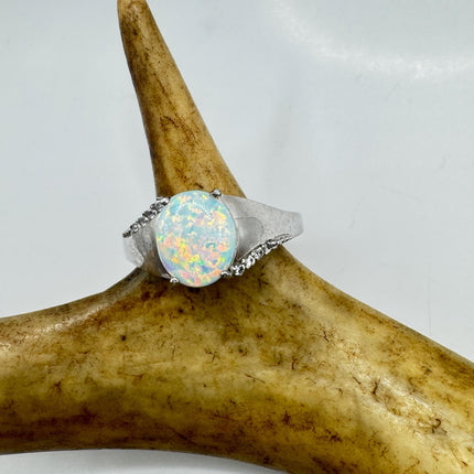 Vintage Fire Opal, Diamond Ring 925 Sterling Silver