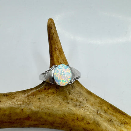 Vintage Fire Opal, Diamond Ring 925 Sterling Silver
