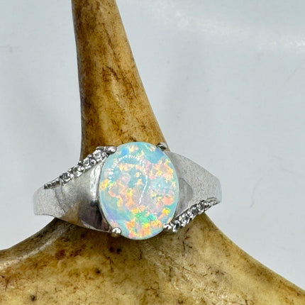 Vintage Fire Opal, Diamond Ring 925 Sterling Silver