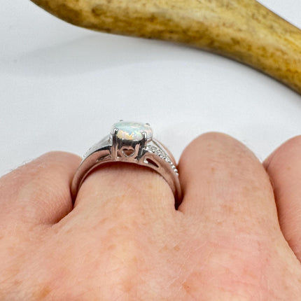 Vintage Fire Opal, Diamond Ring 925 Sterling Silver