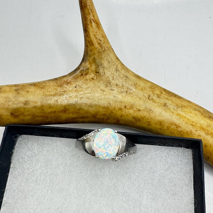 Vintage Fire Opal, Diamond Ring 925 Sterling Silver