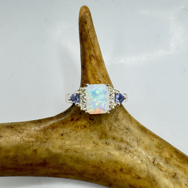 Vintage Fire Opal, Blue Tanzanite Diamond Ring 925 Sterling Silver