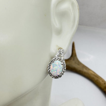 Fire Opal Diamond Deco Earrings - Vintage Sterling Silver Drop Style