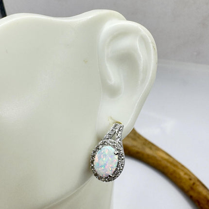 Fire Opal Diamond Deco Earrings - Vintage Sterling Silver Drop Style
