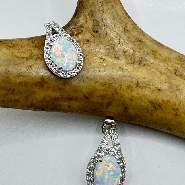 Fire Opal Diamond Deco Earrings - Vintage Sterling Silver Drop Style