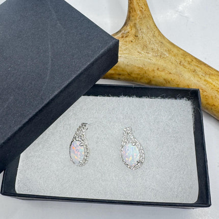 Fire Opal Diamond Deco Earrings - Vintage Sterling Silver Drop Style