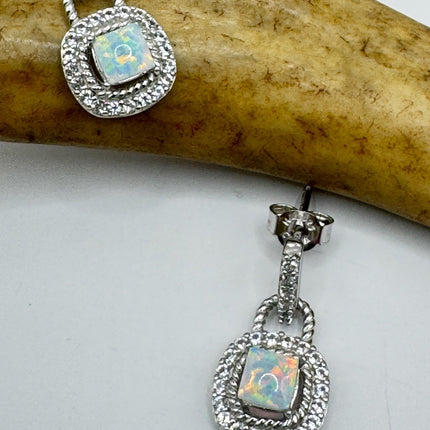 Fire Opal Diamond Deco Earrings - Vintage Sterling Silver Drop Style