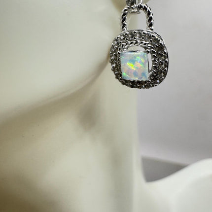 Fire Opal Diamond Deco Earrings - Vintage Sterling Silver Drop Style