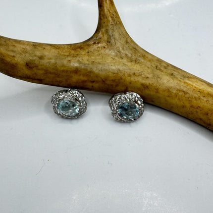 Vintage Aquamarine Sterling Silver Earrings: Sapphire Deco Studs