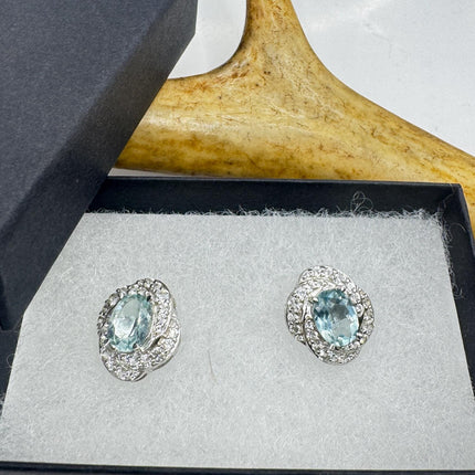 Vintage Aquamarine Sterling Silver Earrings: Sapphire Deco Studs