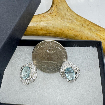 Vintage Aquamarine Sterling Silver Earrings: Sapphire Deco Studs