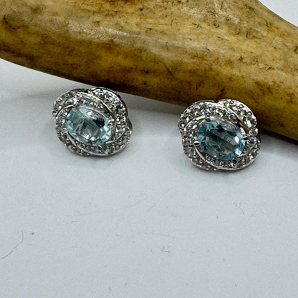 Vintage Aquamarine Sterling Silver Earrings: Sapphire Deco Studs