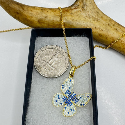 Vintage Blue Topaz Iolite Butterfly Necklace Golden Sterling Silver Minimalist Chain