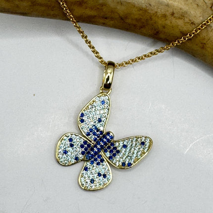 Vintage Blue Topaz Iolite Butterfly Necklace Golden Sterling Silver Minimalist Chain