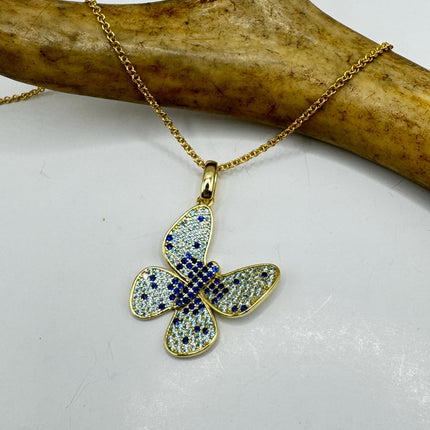 Vintage Blue Topaz Iolite Butterfly Necklace Golden Sterling Silver Minimalist Chain