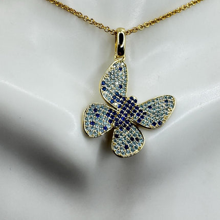 Vintage Blue Topaz Iolite Butterfly Necklace Golden Sterling Silver Minimalist Chain